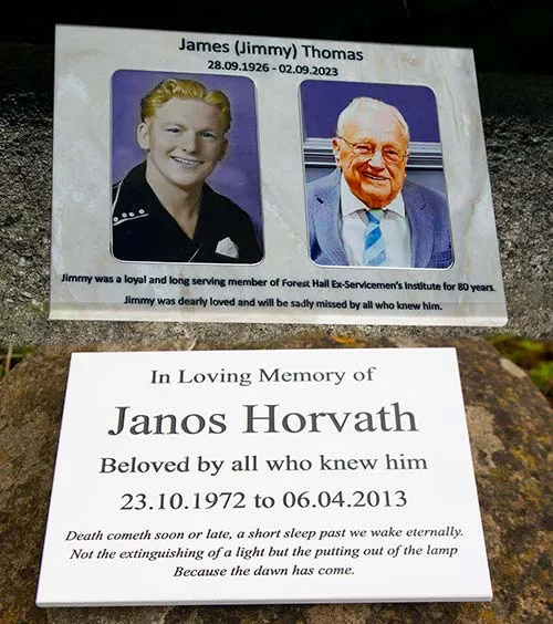 Full colour plaques can be inset Engraved Memorial Plaques in Stone-Like Corian