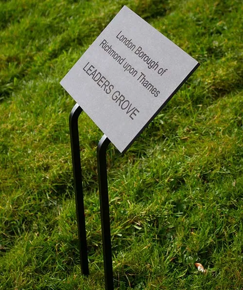 We have a good range of wrought iron tree stakes. Paperstone Sign on Wrought Iron Double Stake