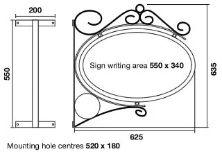 Line drawing of floral hanging sign with dimensions