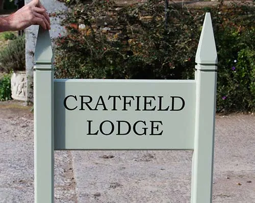 Painted oak sign with Gothic tops Painted House Entrance Sign
