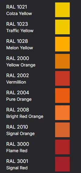 RAL Colours - Oranges and Reds