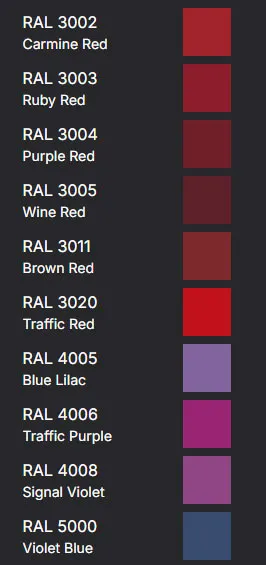 RAL Colours - Reds, Browns and Purples