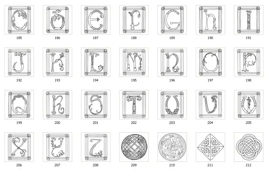 A selection of Celtic or Norse letters in frames