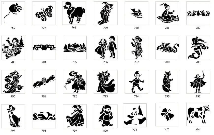 Fun childrens stencil designs, mouse, butterfly, poodle, fairytale characters