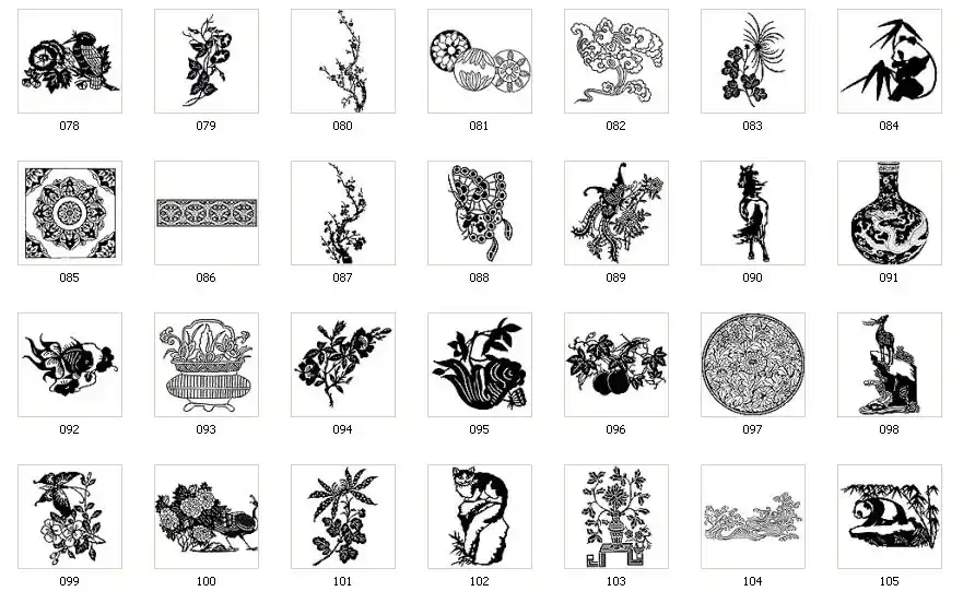A selection of Chinese images, plants, flowers, bird, cat, pattern