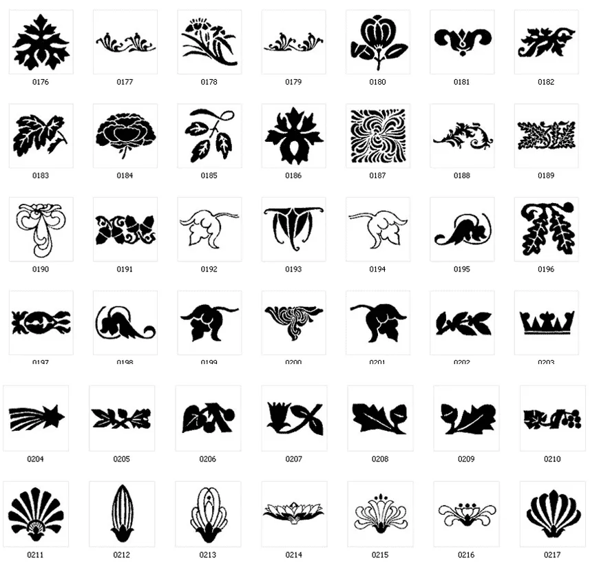 Decorative design elements, leaf, acorn, flower, flourish