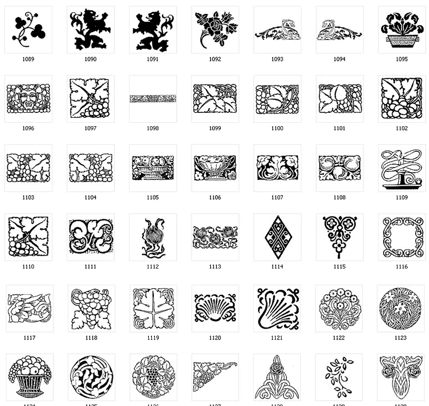 Decorative design elements, heraldic lion, rose, fruit, art nouveau