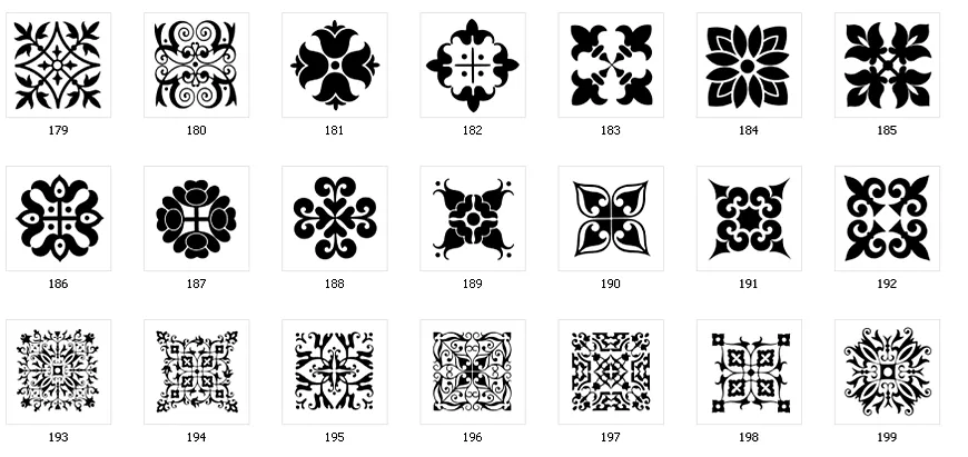 Decorative designs, square patterns, tiles