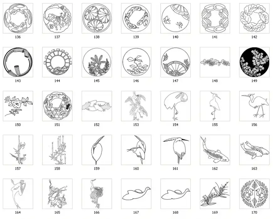 A selection of Japanesedesigns, birds, plants, flowers, crane, fish