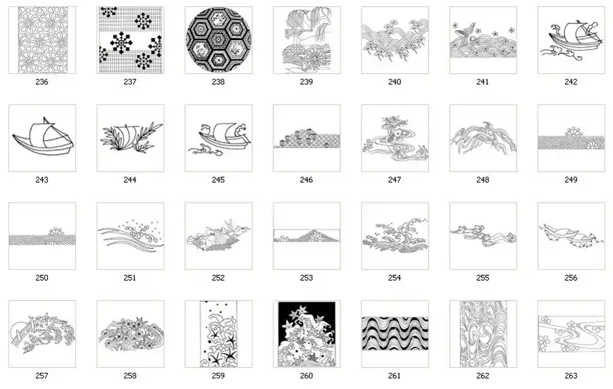 A collection of Japanese designs, boat, wave, pattern