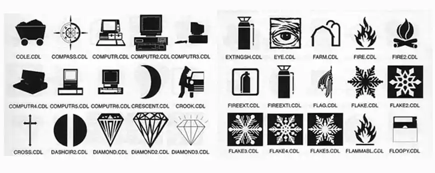 Micellaneous images for signs including coal carts, compasses, computers, diamonds, crosses, fire exitinguishers, floppy disks and more