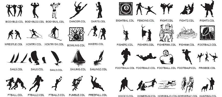 Sport silhouette designs, fencing, football, sailing, fishing, hockey