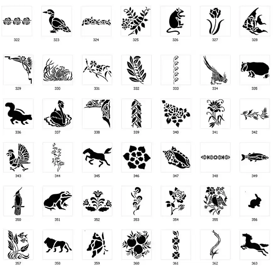 Nature stencil designs. Flowers, corners, borders, horse, duck