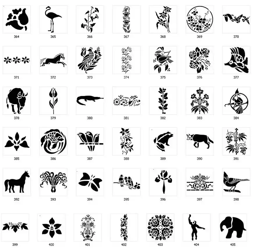 Nature stencil designs. Floral designs, borders, flamingo, animals, birds