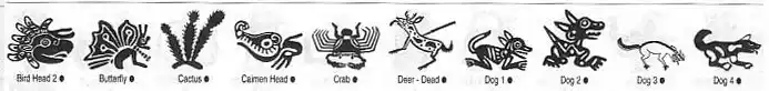 A selection of Meso Deko tribal symbols, dog, deer