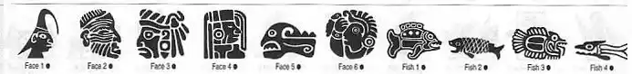 A selection of Meso Deko tribal symbols, face, fish