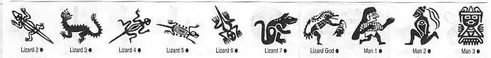A selection of Meso Deko tribal symbols, lizard, man, god