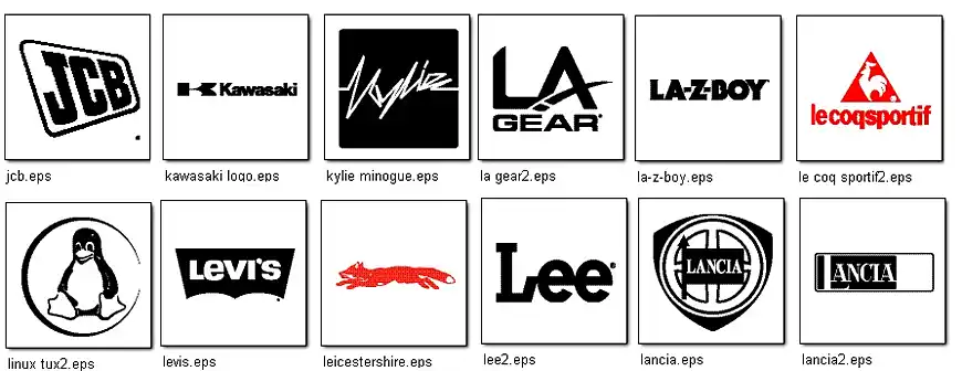 A collection of famous logos, kawasaki, JCB,