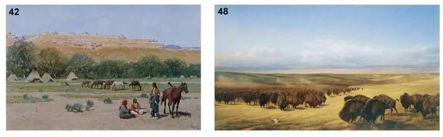 Full colour American Wild West landscape images, buffaloes, wigwams