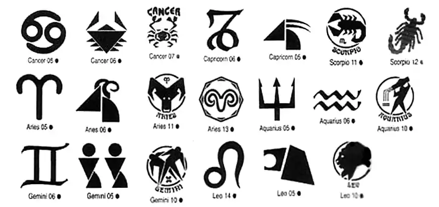 Zodiac and star sign symbols and designs
