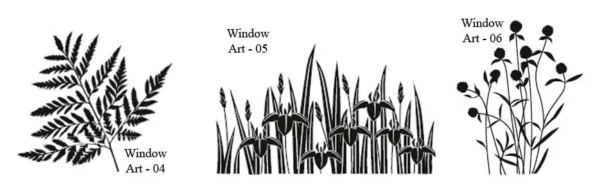 A selection of nature-inpsired window designs - fern, iris