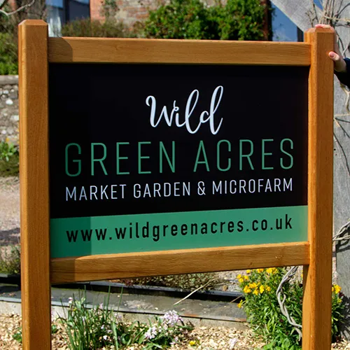 Oask framed entrance sign with posts and printed panel