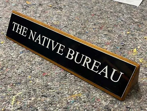 Plaque was fixed to oak base Black Aluminium Desk Name Plate