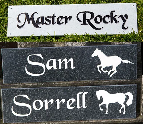 Engraved Corian plaque for horse stables – weatherproof finish