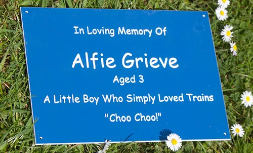 Blue engraved aluminium memorial plaque