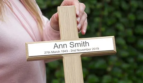 Brass Plaque on Wooden Cross