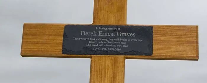 Rustic slate plaque on an oak cross was made at customers request. Rustic Slate on Oak Cross