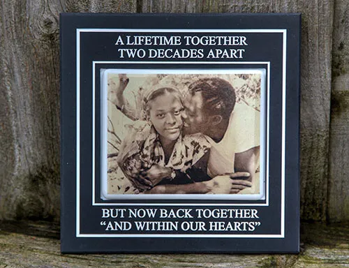 Porcelain photo within engraved Corian plaque. Porcelain Photo Plaque