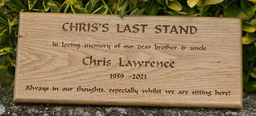 This wooden plaque, made in oak, was lasered engraved and unpainted. Oak Memorial Plaque