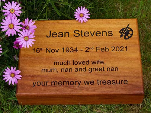 This wooden tablet is made from Iroko Wooden Lawn Memorial