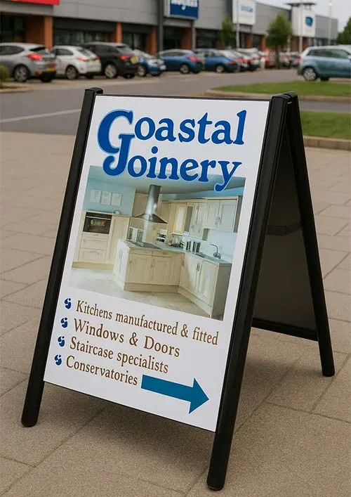 Commercial-grade pavement sign with full colour printed graphics.