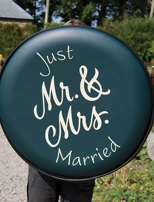 Simple but attractive wheel cover with a green Skirt. Wheel Cover - Wedding