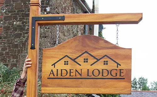 Hanging Post and Arm with Iroko Sign Iroko Hanging Sign