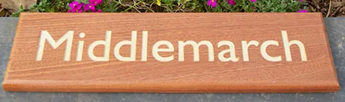 Sapele house sign with painted letters