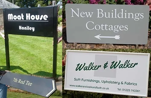 Aluminium signage including flat plate, tray signs and signs on posts