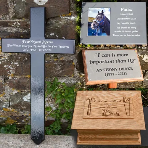 Memorial plaques, stone tablets, wooden crosses, pet memorials and more.