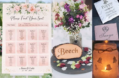 Wedding signs, name table settings, save the date magnets & more