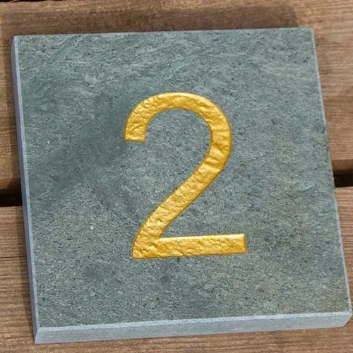 Green Lakeland slate number sign with gold painted number. Slate Number Sign