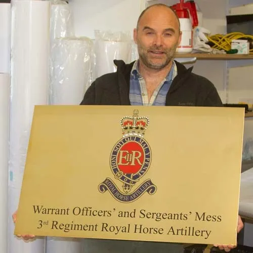Large engraved brass sign with several colours. Large Engraved Brass Sign