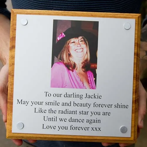 Our photo memorials can be fixed to wooden backing boards. Full Colour Photo Memorial Plaque