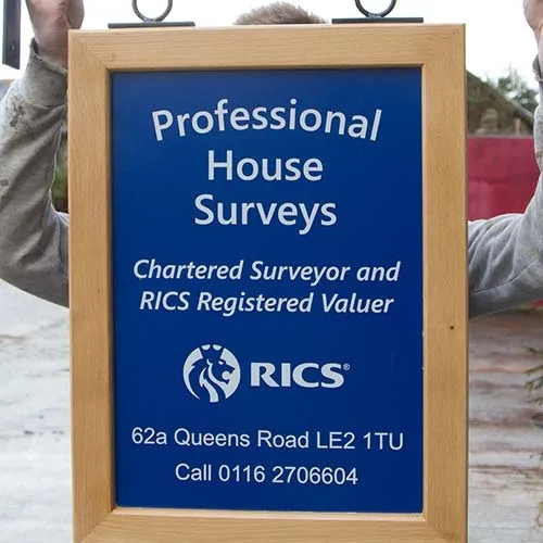Framed sign with blue panel. Oak Framed Hanging Sign