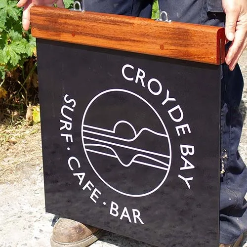 This hanging sign has an Iroko wood header. Iroko Header with Stainless Steel Fittings