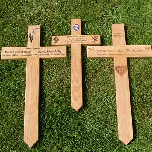 Engraved memorial crosses make ideal grave markers. Engraved Wooden Memorial Crosses