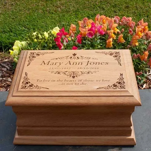 Ashes casket with laser engraved top. Oak Ashes Casket