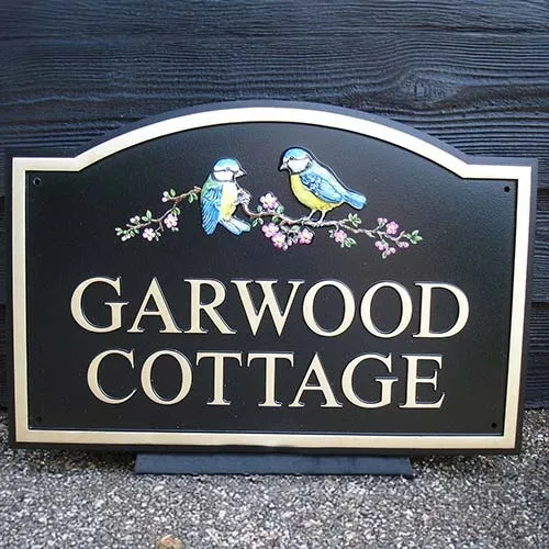 The motifs are hand painted - extra flowers can be added. Arch Top House Sign