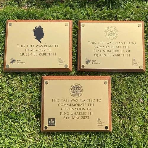 A good alternative to brass for detailed images. Three Gold Anoprinted Plaques